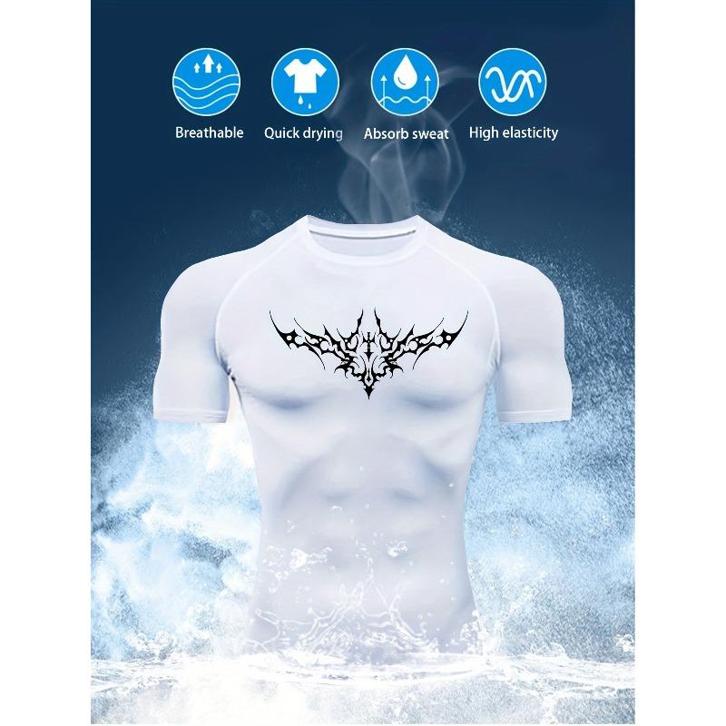 Men's Black Tribal Print Compression T-Shirt, Quick Dry Breathable Athletic Workout Top