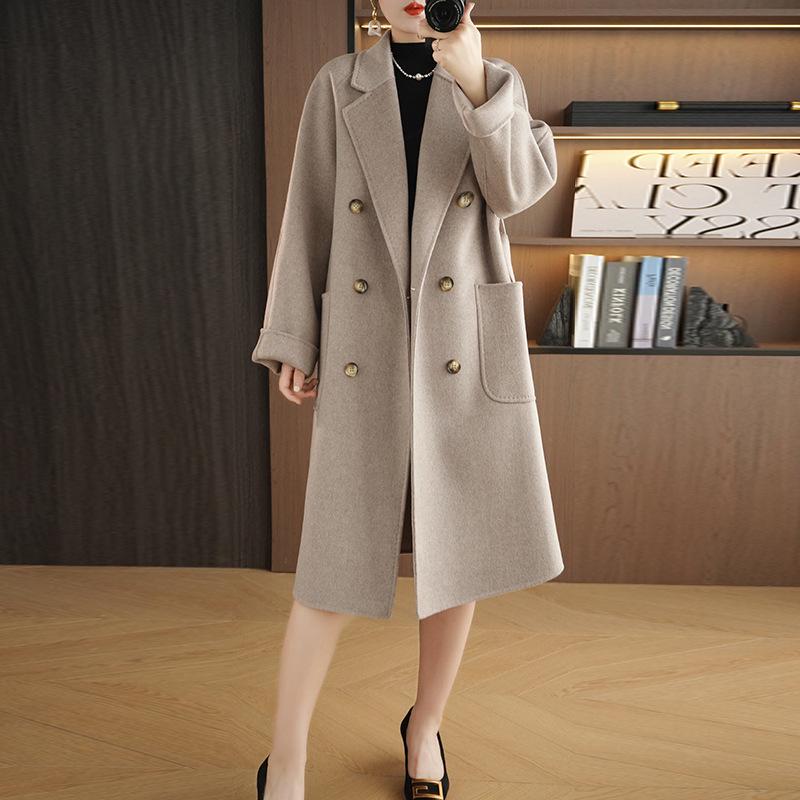 Women's Extra-Long Double-Faced Wool Trench Coat – Classic Suit Collar for Autumn and Winter.