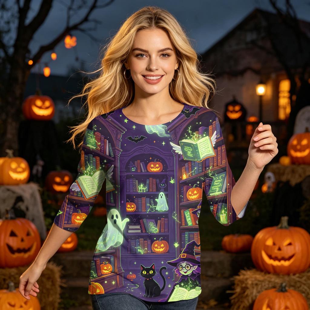 Womens Halloween Print Casual Three Quarter Sleeve Round Neck Top Lightweight Comfortable Fit Seasonal Shirt for Everyday Wear