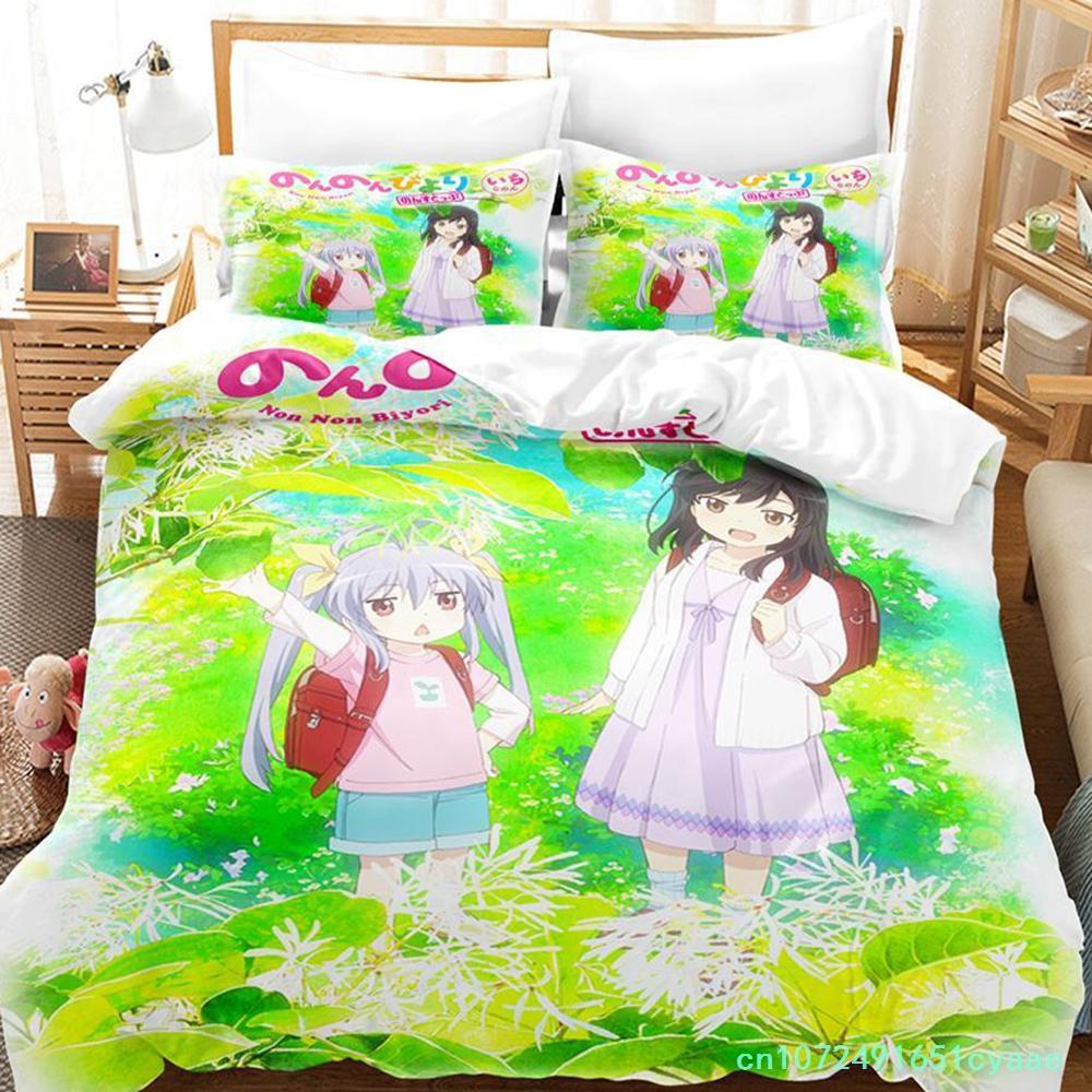 Non Non Biyori Bedding Set Single Twin Full Queen King Size Bed Set Adult Kid Bedroom Duvetcover Sets Anime Parure De Lit Bed