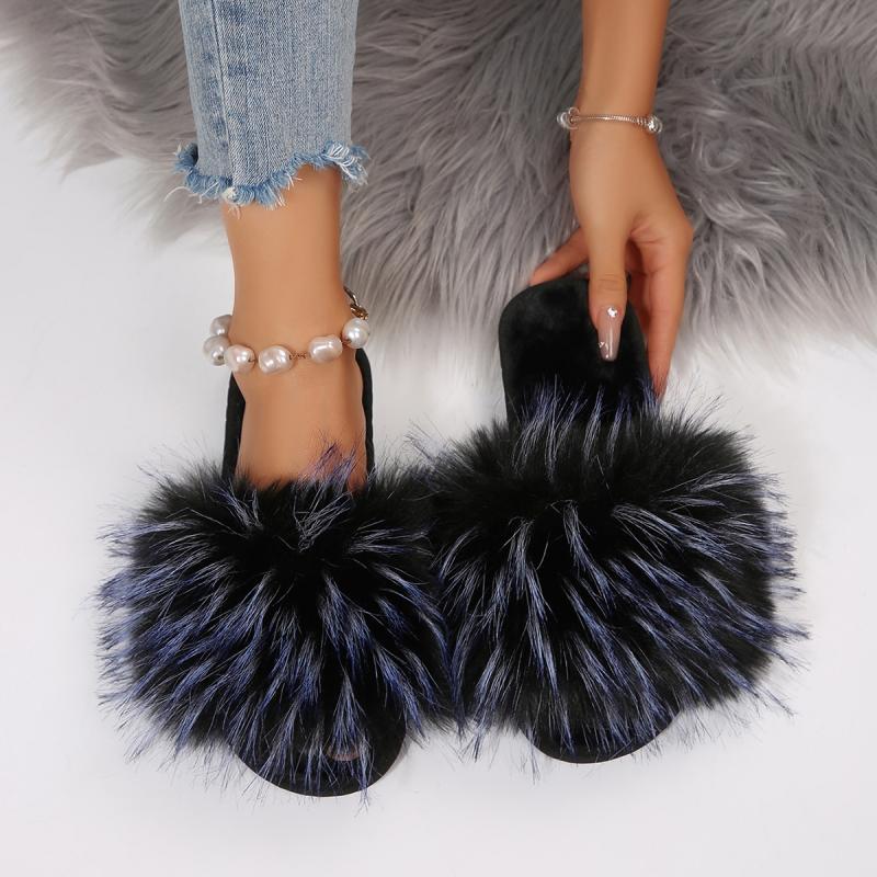 Fashion Brand Design Mix Color Furry Slippers Women Fluffy Fur Comfort Soft Sole Indoor Slippers Warm Faux Fur Woman Shoes 2025 Winter