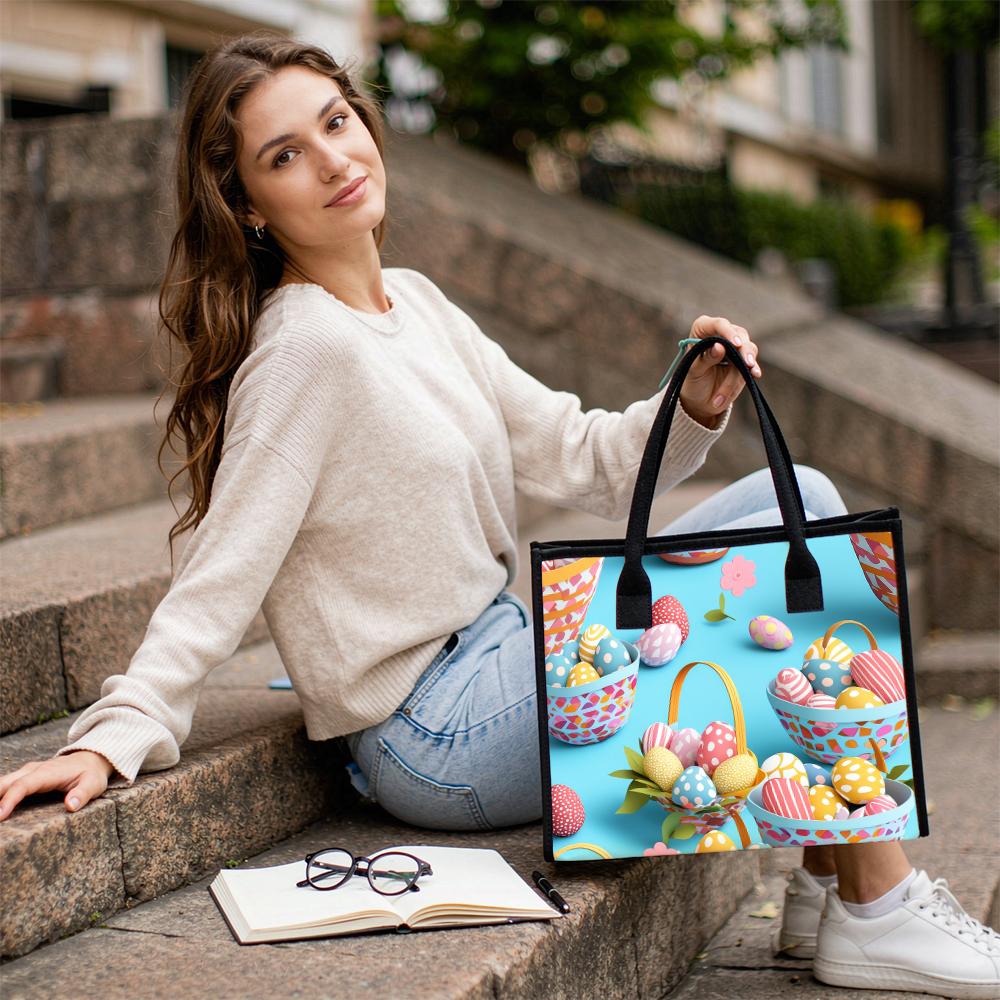Easter Egg Print Tote Bag Portable Casual Handbag for Daily Shopping Outing