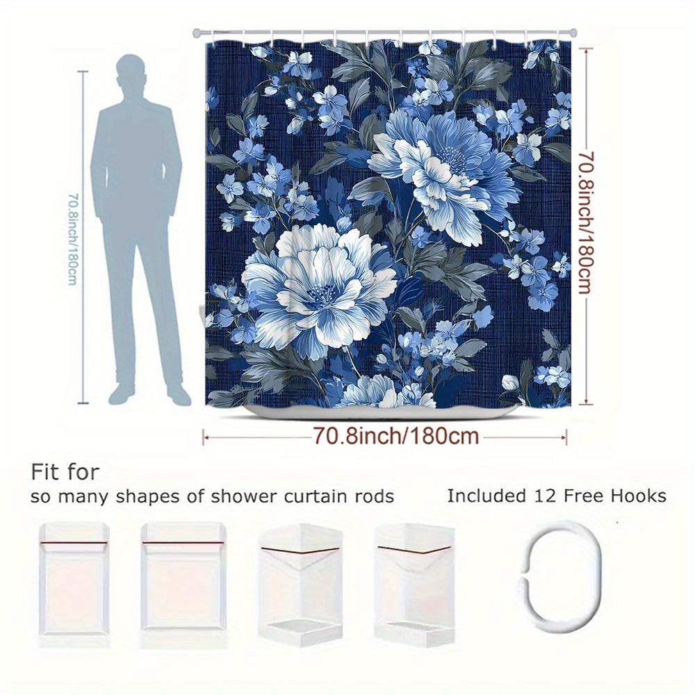 1pc Floral Shower Curtain Elegant Blue Flower Pattern Adds Natural Scenery Bathroom Decor Polyester Fabric Includes 12 Hooks