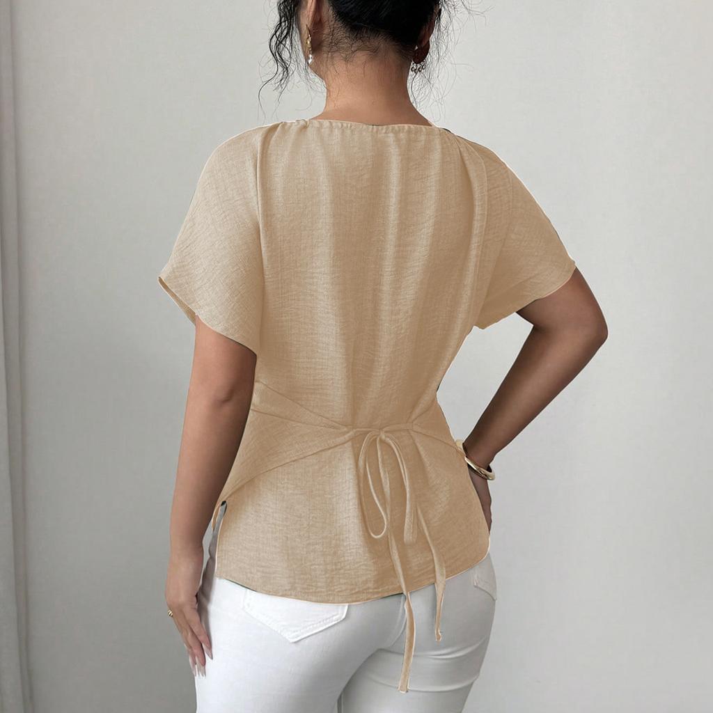 Ladies' Fashionable Casual Short Sleeved Slim Fit Cross Casual Temperament Top