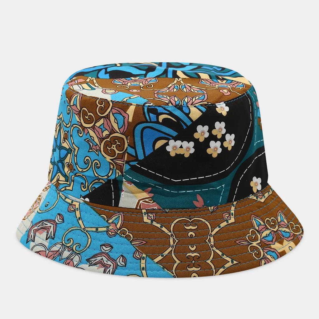 Boho style flower print double side sunscreen fisherman hat women fashionable outdoor sunshade retro sun beach bucket hat