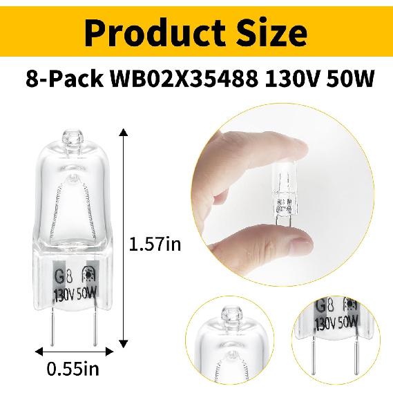 8-Pack 130V 50W Halogen Microwave Oven Light Bulbs, Compatible with GE Microwave Oven Models CVM, DVM, HVM, JNM Series - Replaces WB02X35488,