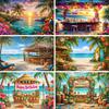 Feestdecoratie met Hawaïaans Strand en Surf Thema, Tropische Achtergrond met Palmen, Bloemen en Surfplank, Fotografische Banner