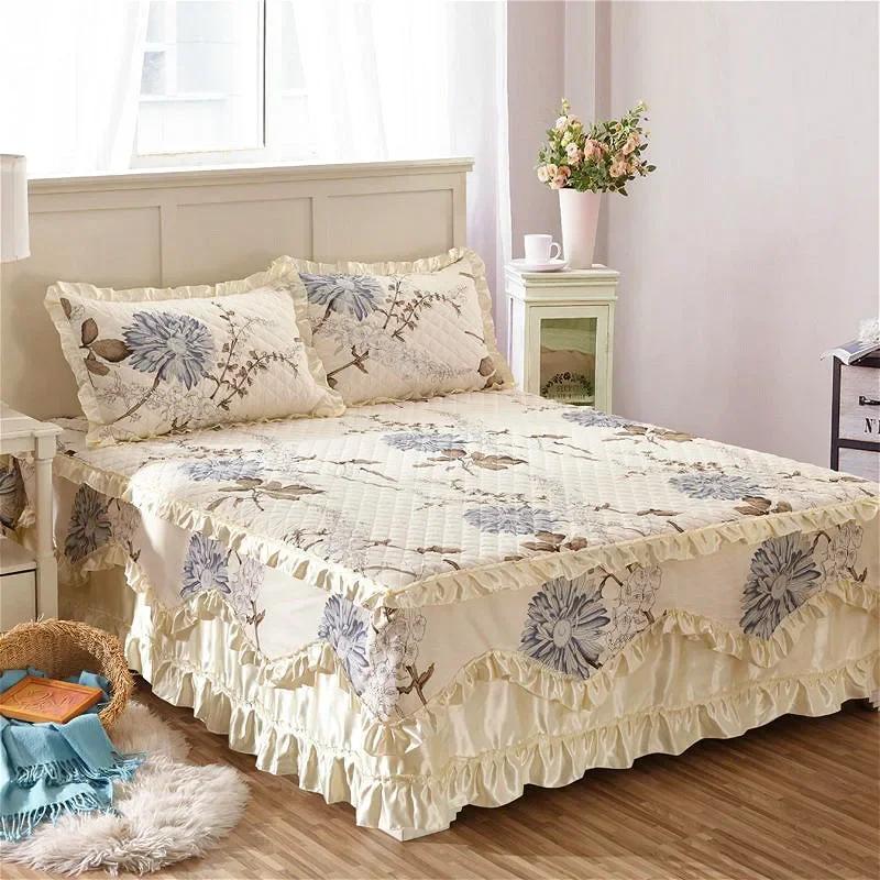 Copriletto trapuntato addensato in cotone 100% Copriletto trapuntato king size queen size Gonna da letto in pizzo principessa Copriletto in puro cotone non inclusa federa