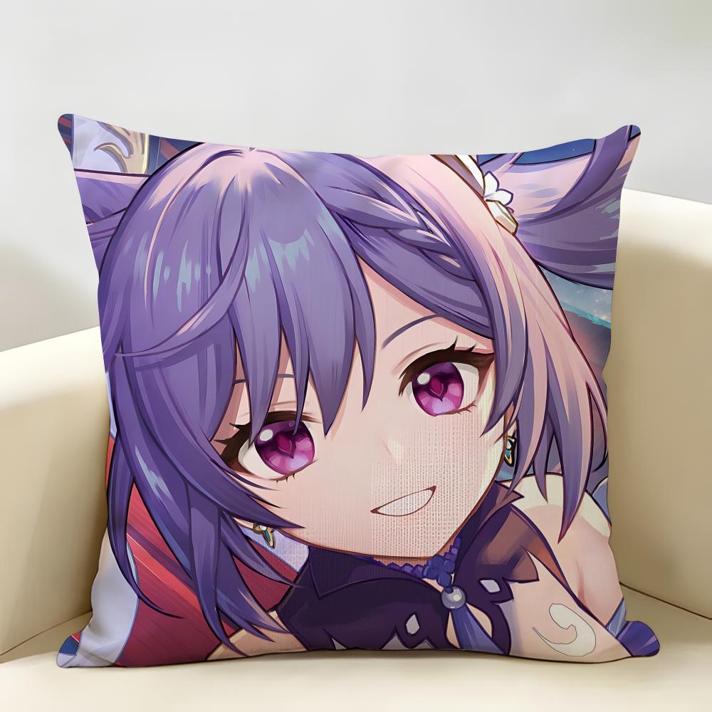Keqing Genshin Impact Cushion Cover Natural Linen Organic Fabric DoubleSided Printing Room Sofa Decor Pillow Case