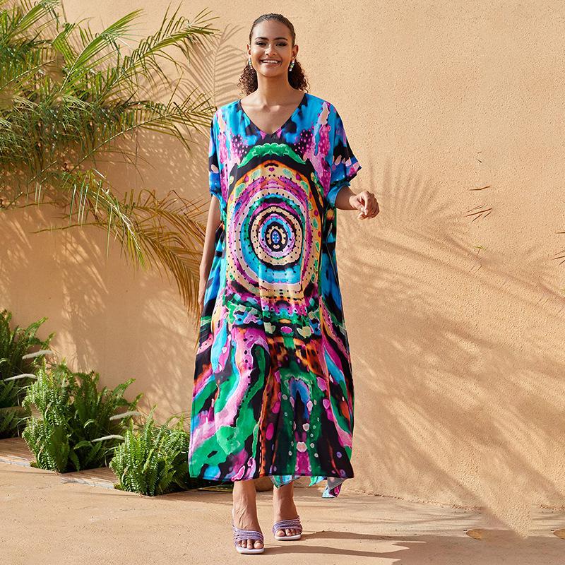 2024 European-American Rayon V-neck Beach Cover-up Robe