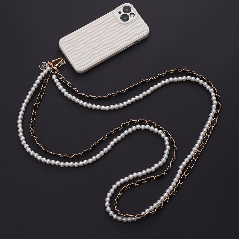 Luxury Pearl Phone Lanyard With Butterfly Tie Double Lanyer Neckband For iPhone 14Promax Portable CellPhone Strap Accessories