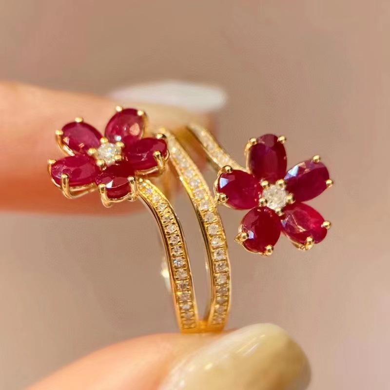 Retro Ruby Flower Ring: Women s Elegant Luxury Open Index Finger Ring with Full Diamond Inlay Adjustable