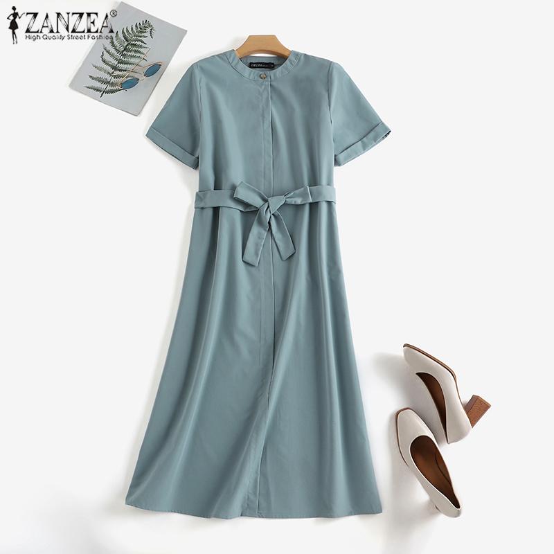 

ZANZEA Женское повседневное летнее длинное платье с коротким рукавом и круглым вырезом