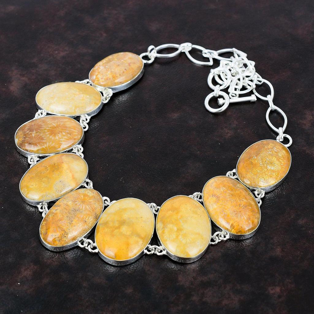 Fossile Koralle Halskette Edelstein handgemachter Schmuck 925 Sterling Silber Halskette verstellbare Kette Halskette Geschenk für Braut Heilstein Schmuck