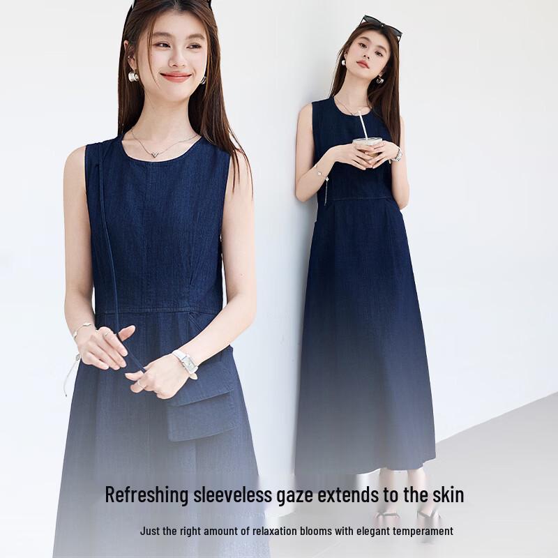 VICTORIA&VERA Women's Denim-Style Sleeveless Mid-Length Dress