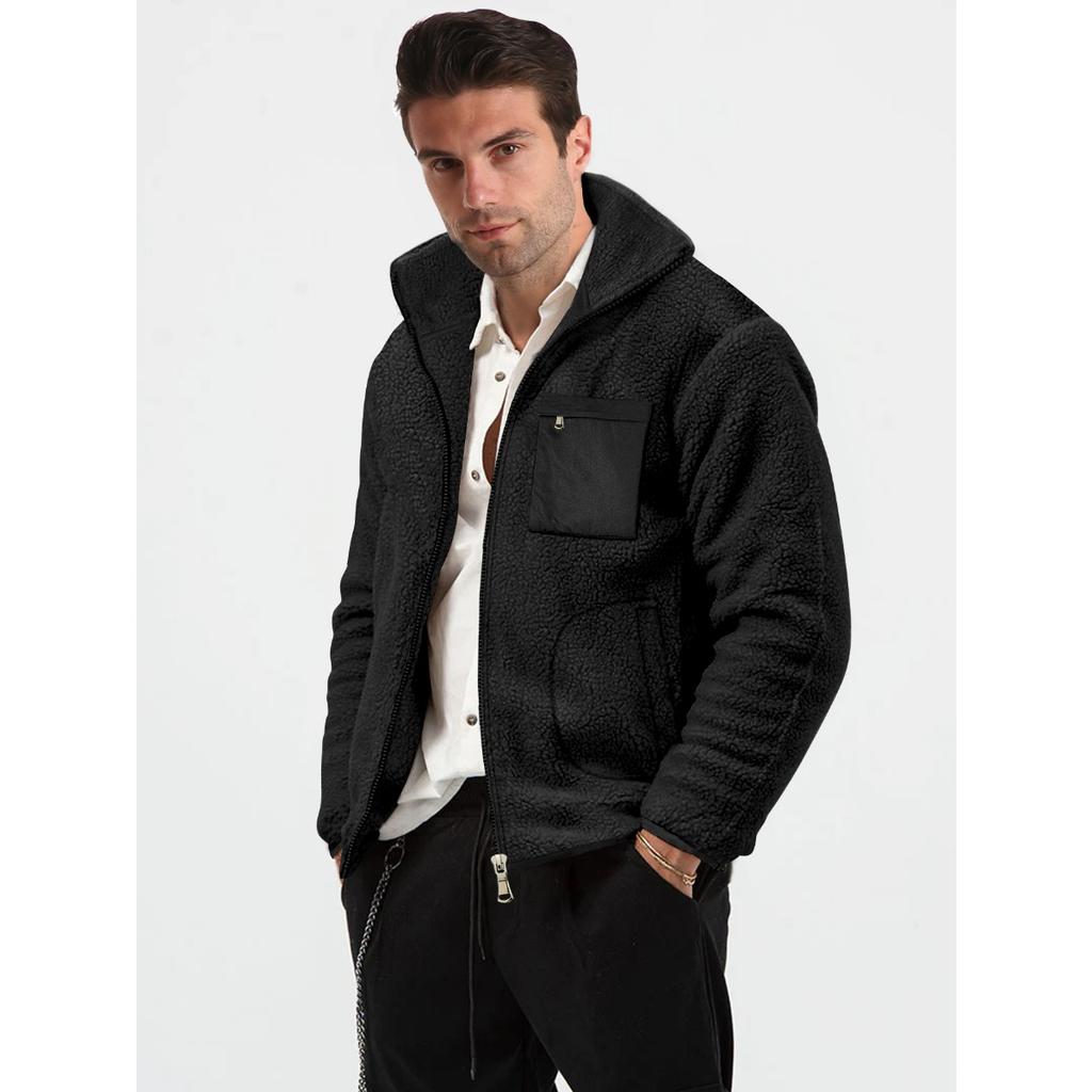 Men's Winter Autumn Thick Fleece Jacket Stand Collar Zipper Sherpa Lined Warm Casual Outerwear