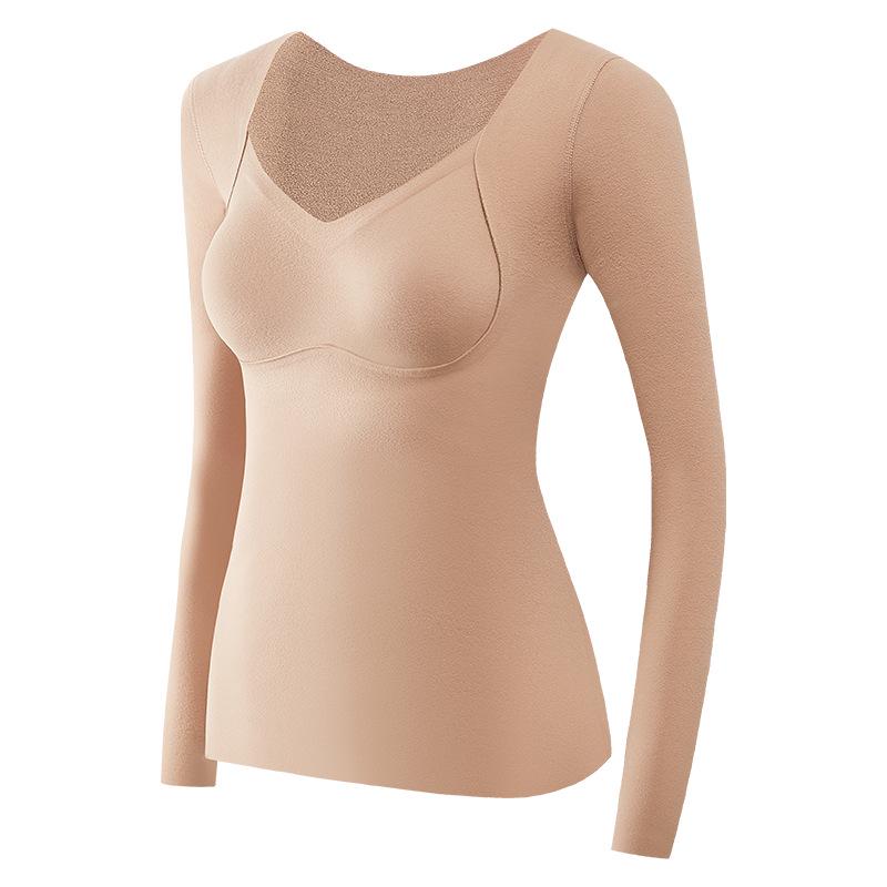 "8829 Plus Size Women's Wool Silk Velvet Thermal Underwear with Chest Pad - Long Sleeve Top"