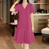 Vestido Casual Feminino Decote V Cor Sólida Solto Manga Curta