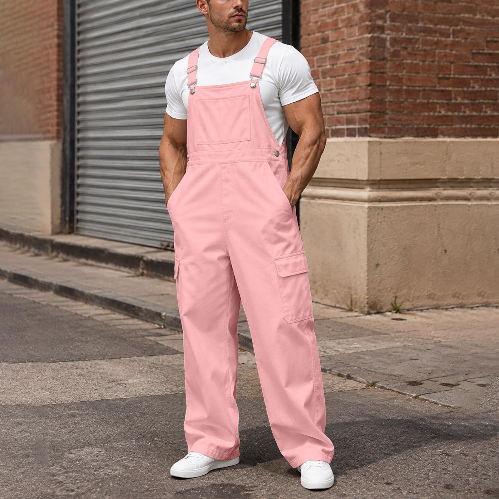 Herren Latzhose Lockere Passform Arbeitskleidung Jumpsuit mit weitem Bein und Cargotaschen XXL rosa