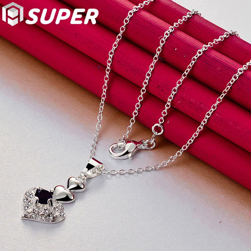 925 Sterling Silver Blue AAA Zircon Heart Pendant Necklace Jewelry