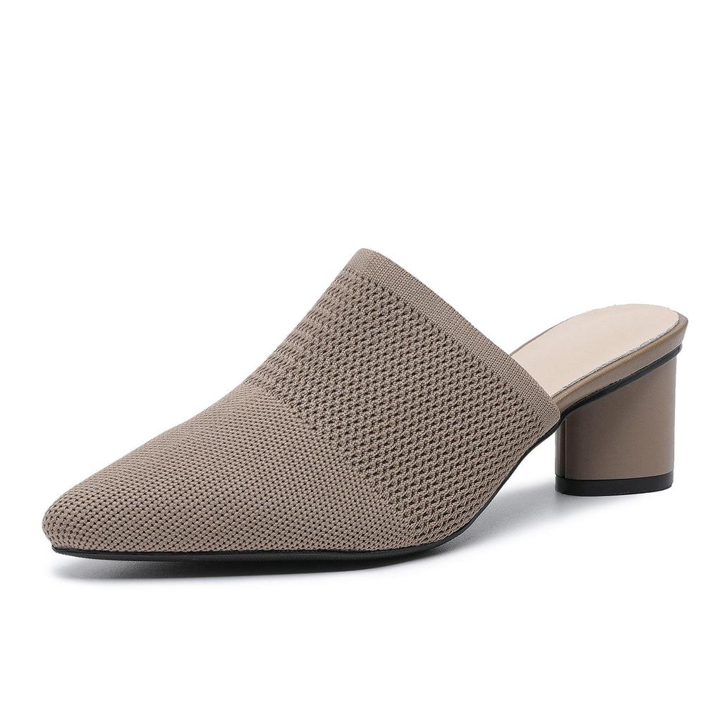 Damen Große Größe Frühling Spitzschuh Dicken Absätzen Sandalen Schuhe Casual Flyknit Blockabsatz Tiefe Öffnung Einfarbig Gestrickte Slipper Schuhe 34-43
