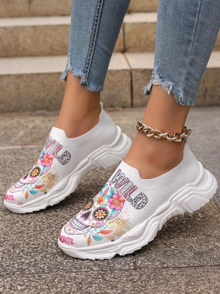 Fashion Fashion Print Non-Slip Sneakers for Women Summer Breathable Knitted Soft Sole Flats Woman Slip-On Platform Sports Shoes Ladies