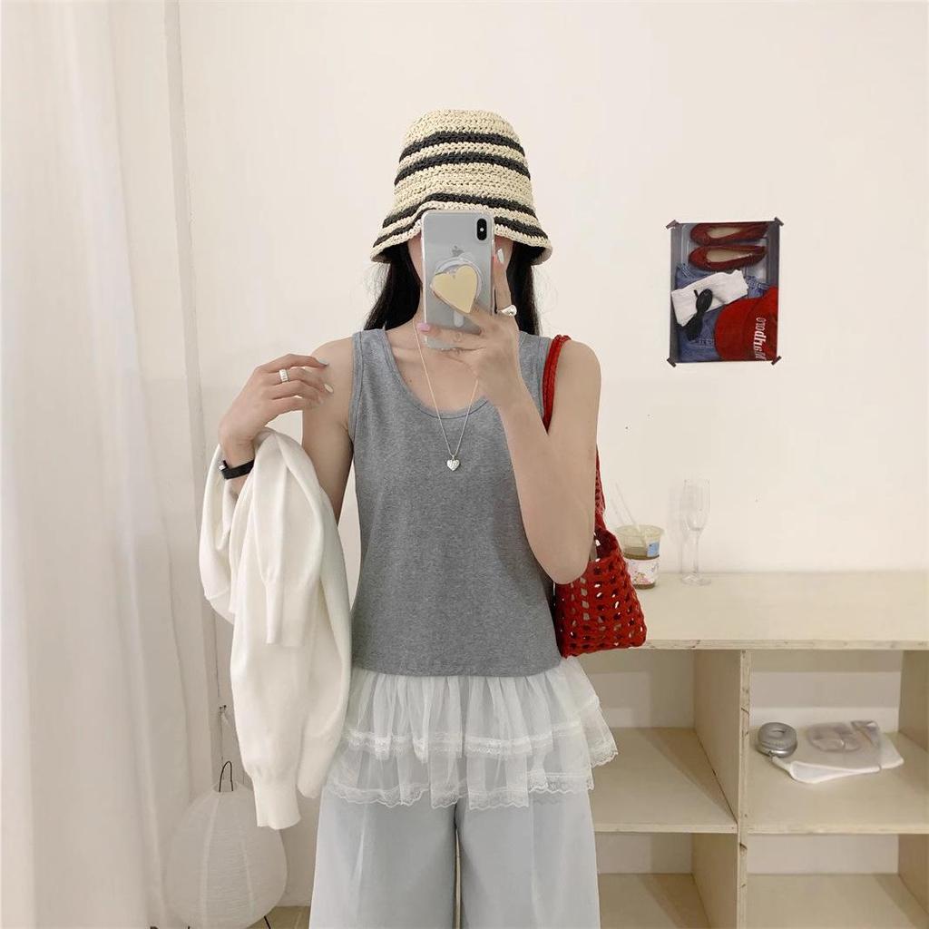 Double-Layer Lace Mesh Sleeveless Cotton Vest