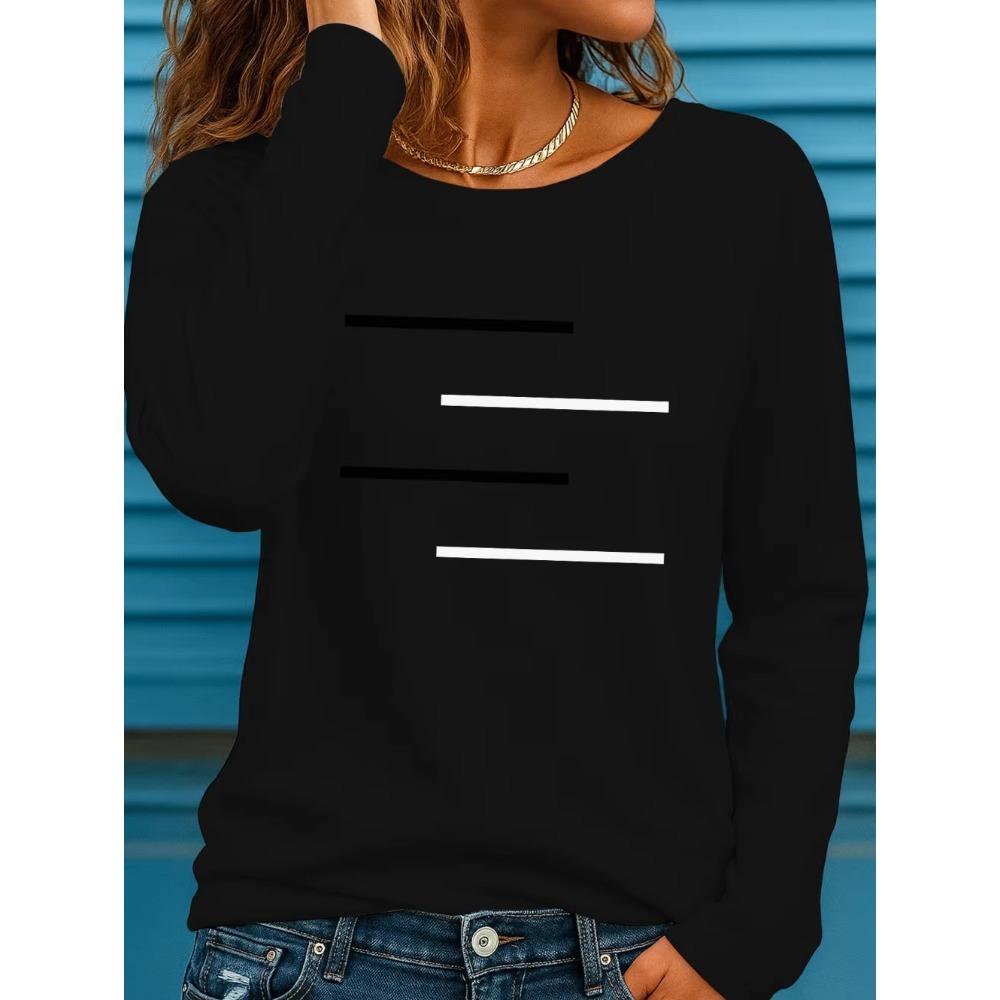 Women's Long Sleeves T-Shirts Casual Loose Black and White Lines Pattern Round Neck Short Sleeved T-Shirt Fall Female Clothing