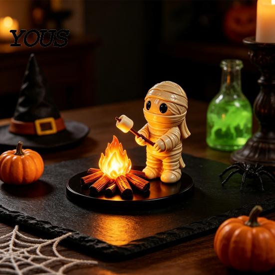 Cute Resin Spooky Decor Halloween Campfire Tealight Holder, Matte Ghost Mummy Scarecrow Figurine, Stable Niche Handmade Art Round Base Table