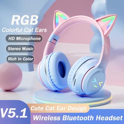 Neue Niedliche Katze RGB Farblichter Drahtlose Kopfhörer Bluetooth 5.1 Stereo Musik Gaming Headsets für Mädchen Kinder Geschenk Headset mit Mikrofon