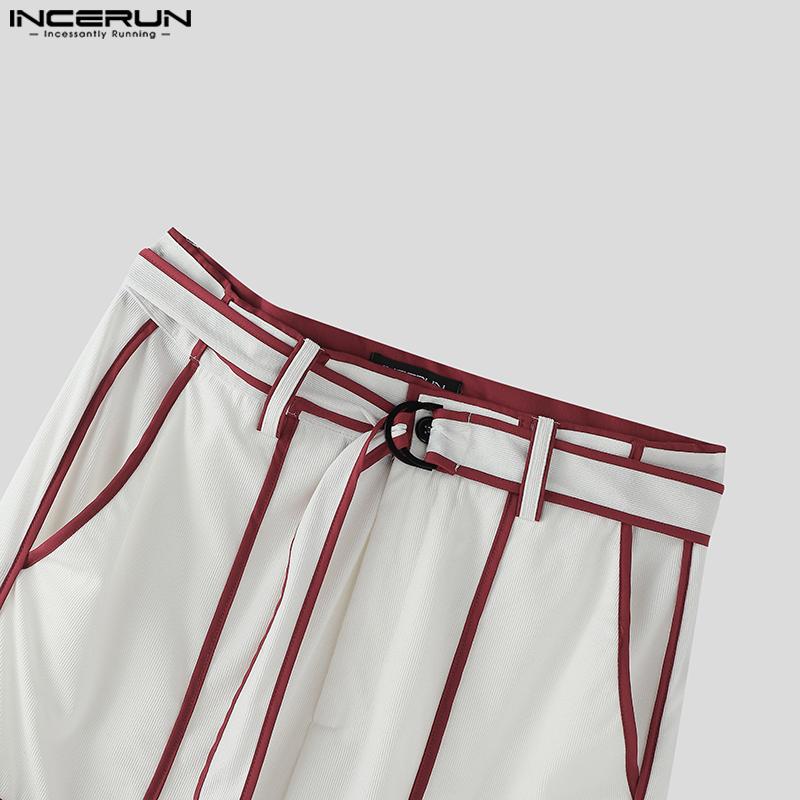INCERUN Men Zip-up Waist Belt Casual Stitching Thin Harem Pants with Pockets