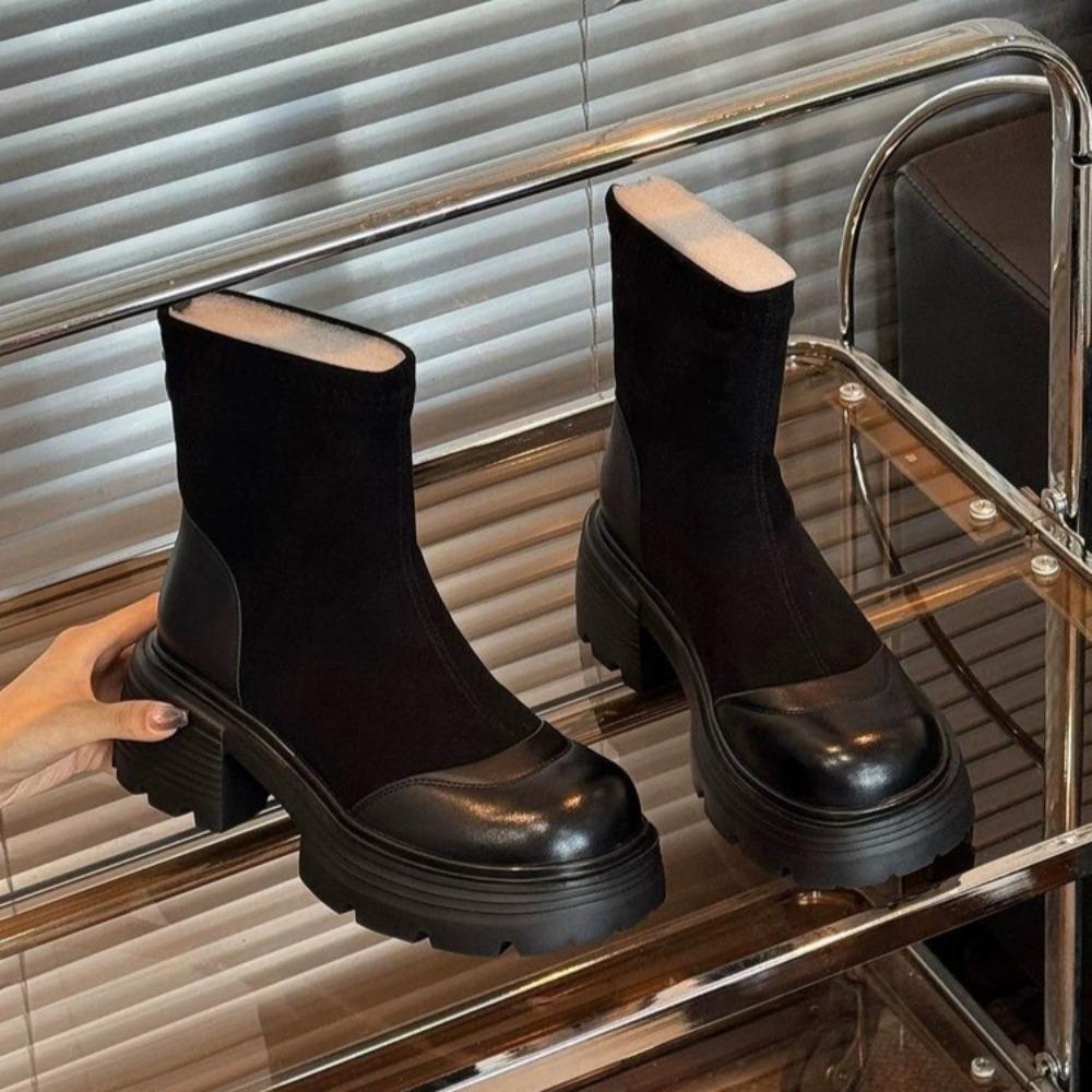 Women's Boots Vintage Platform Splicing Woman Ankle Boots Design Back Zippers Thick Sole Shoes  Autumn Short Botas Para Mujer