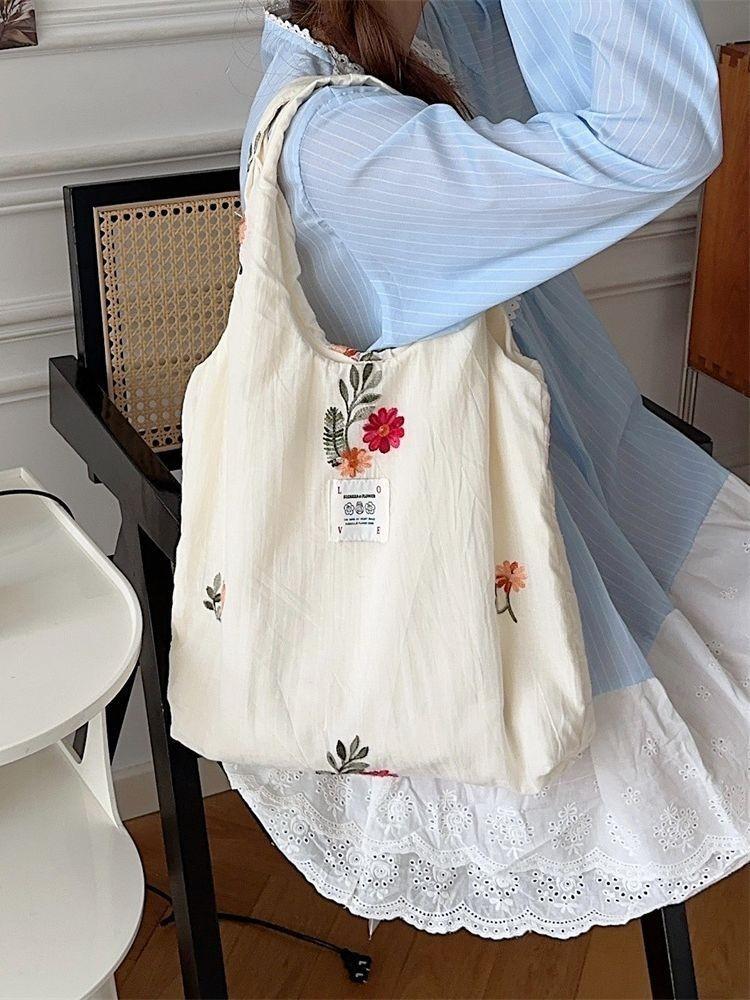 Adorable Floral Canvas Tote Bag For College Students Cute Handheld Shoulder Bag Spacious