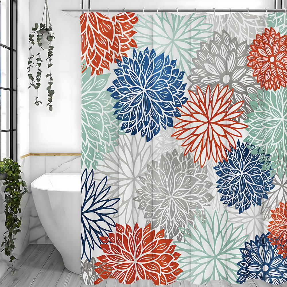 Colorful Chrysanthemum Geometric Modern Simple Shower Curtain, Bathroom Decorative Shower Curtain, Waterproof Shower Curtain Wit