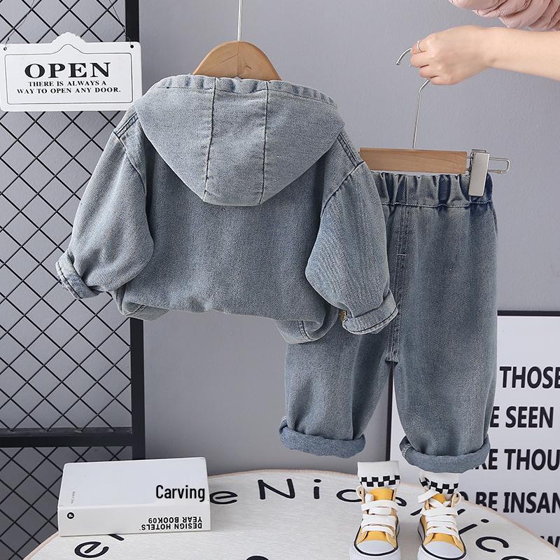 Chlapecká dvoudílná souprava s kapucí z džínové bavlny: Jarní/podzimní styl s potiskem písmen a velkými kapsami, dlouhé rukávy
