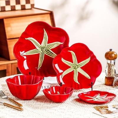 Tomato Ceramic Tableware: Tomato-Shaped Dinner Plates, Heart-Shaped Dessert Bowls, Festive Fruit Plate, Red Storage Jar.
