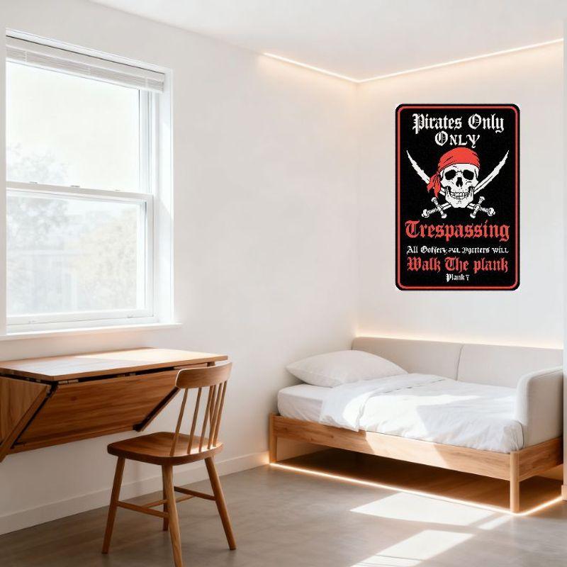 Pirates Only Trespassing Warning Metal Tin Sign Skull & Crossed Swords Gothic Style Red Border Plank Decor for Man Cave Bar Rest