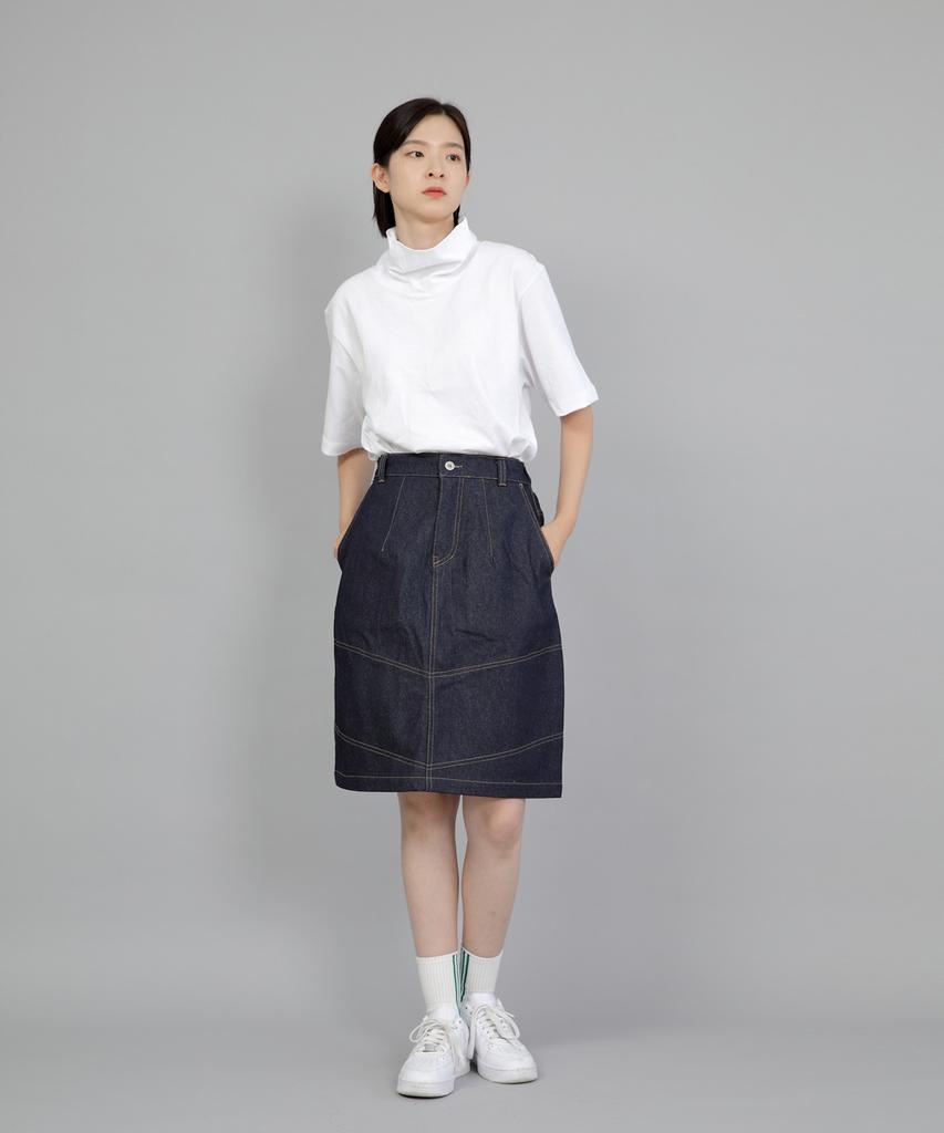 Seinteukeulu Wide Dome Half-Band Midi Skirt Wdm-1305 Indigo Denim Brs