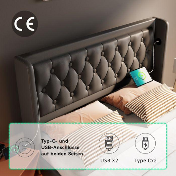 Lit Double - MUVOE - 180x200 Cm - PU Noir - Tête De Lit Capitonnée - USB Et LED