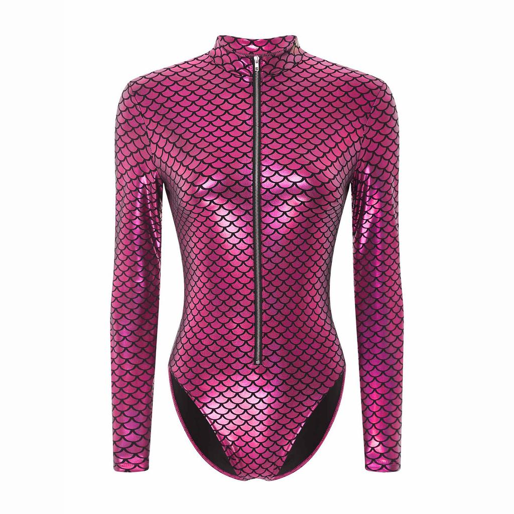 Damen Meerjungfrauenschuppen Einteiliger Badeanzug Langarm Mock Neck Leotard für Poolparty Strandoutfit