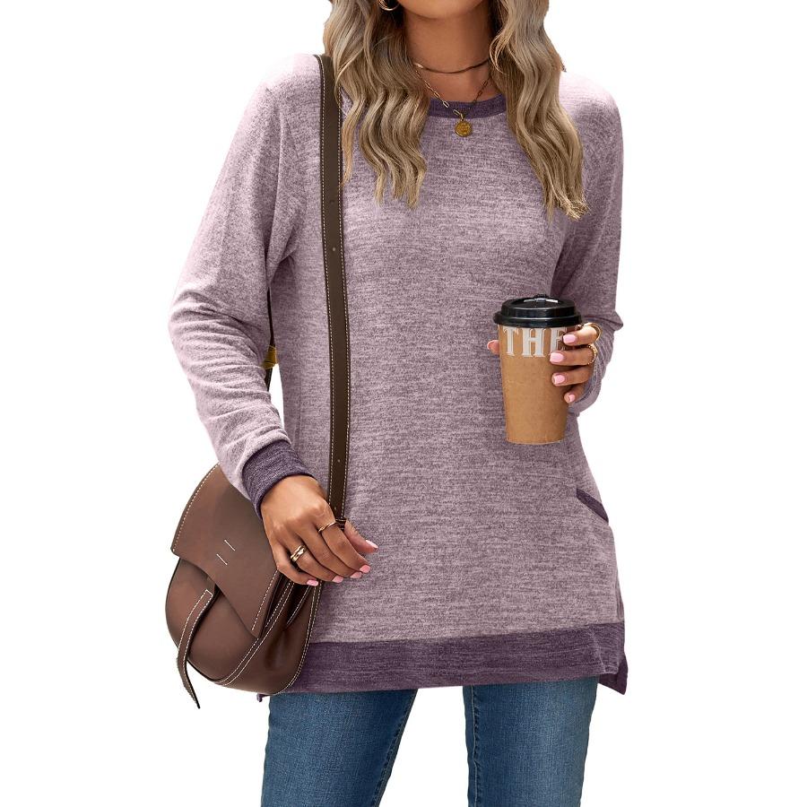 

Женский пуловер с круглым вырезом и карманом с длинными рукавами, свободная повседневная футболка XXL светло-розовый