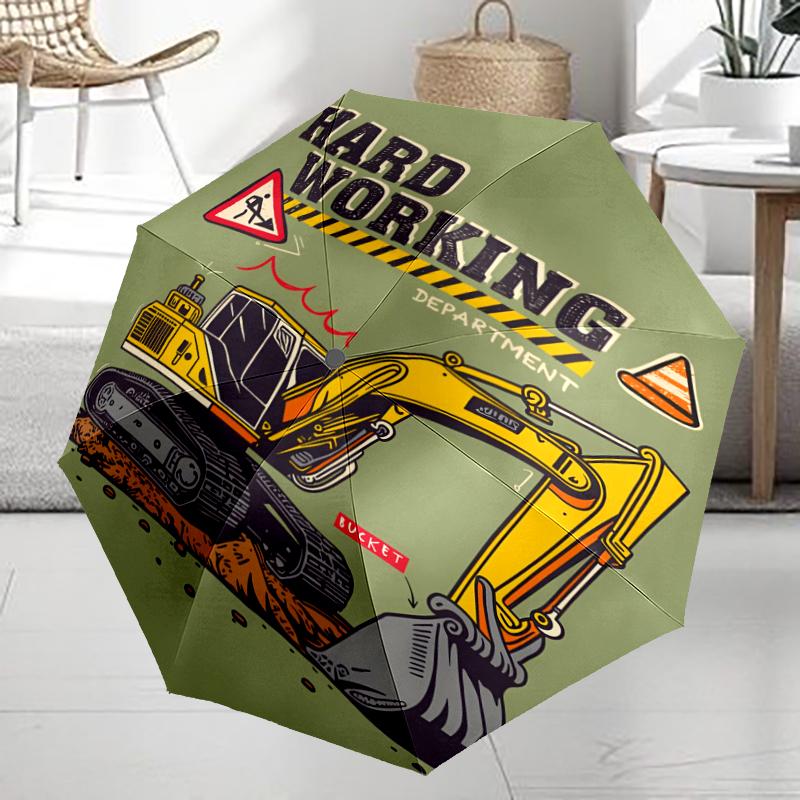 Excavator Theme Automatic Umbrella, Lightweight & Portable, 8 Rib, Perfect for Outdoor Travel, Birthdays, Christmas, Gifts.