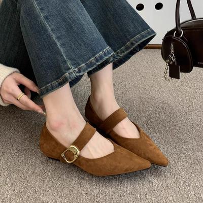 Inner Height Increase, Shallow Mouth, Pointed Head, Suede, Mary Jane Shoes, Women's Spring and Autumn New Gentle Thick-soled Single Shoes