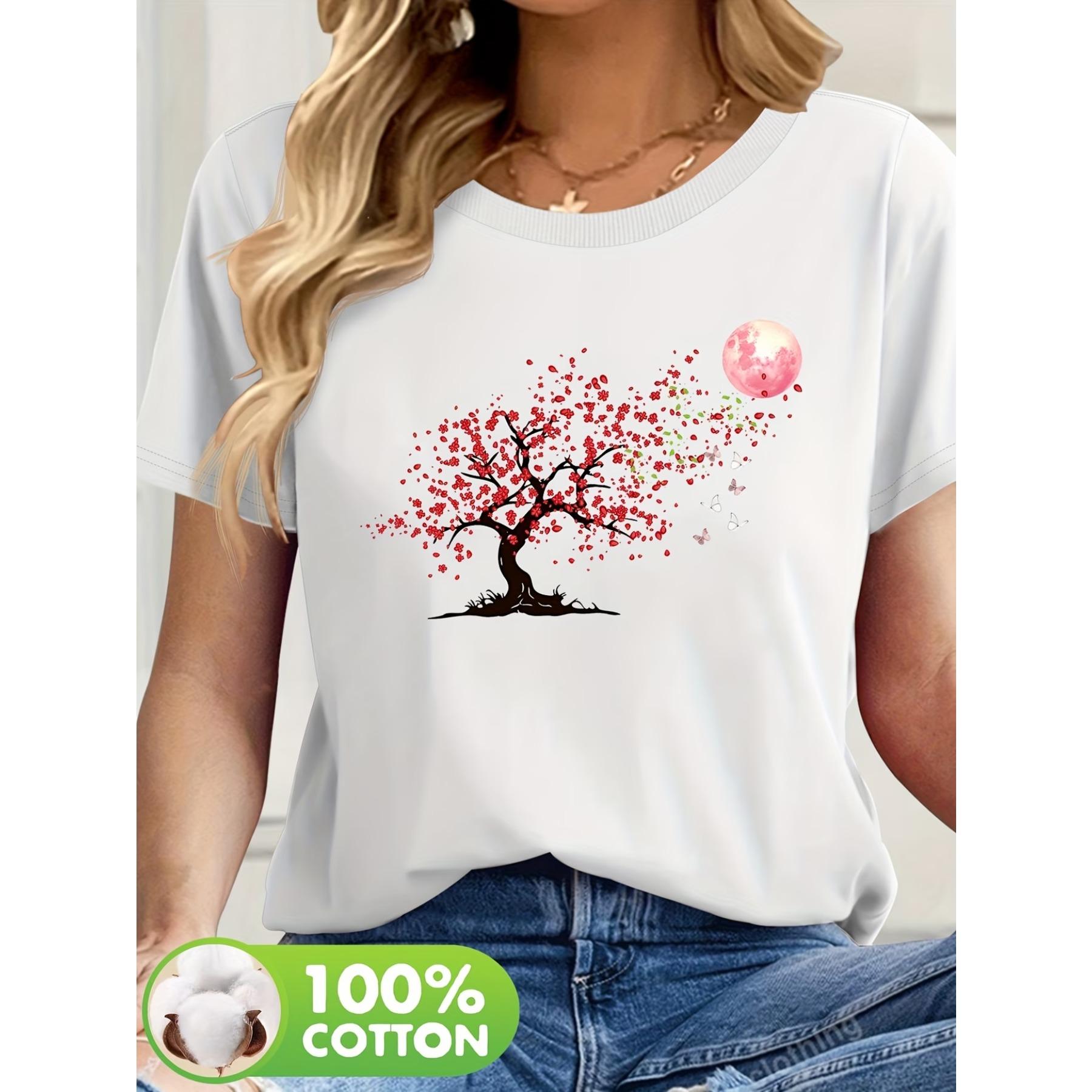 

Women s Floral Print T-Shirt - Navy Blue Casual Short Sleeve Round Neck Top with Red Flower & Bird Design XXL білий