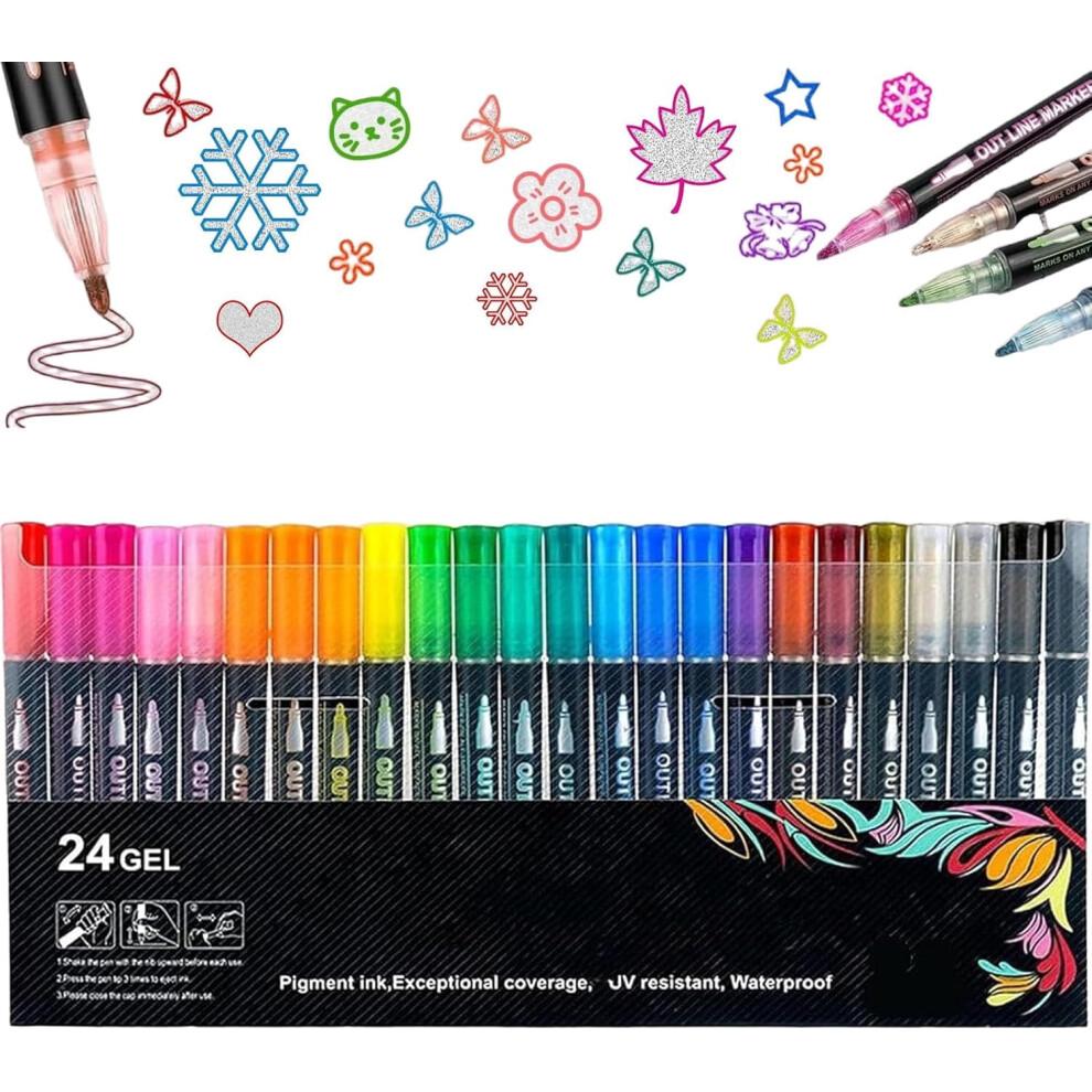 Dreamy Sparkle Dual-Line Contour Pen, Double Line Super Squiggles Metallic Glitter Pens, Quick-Dry Ink Dual Line Contour Markers for Drawing