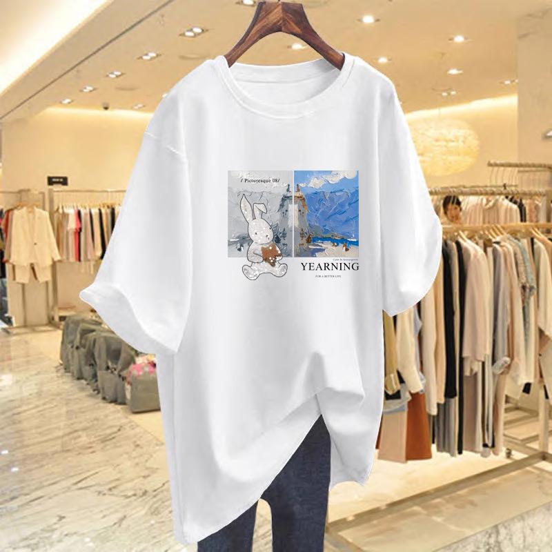 

Женская футболка из чистого хлопка белая с коротким рукавом лето 2025 новая в иностранном стиле свободная повседневная с принтом круглый вырез прохладная базовая футболка S