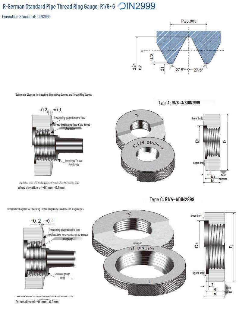 German Taper Pipe Thread Gauge Set: R1/8, 1/4, 3/8, 3/4 DIN2999 Ring & Plug