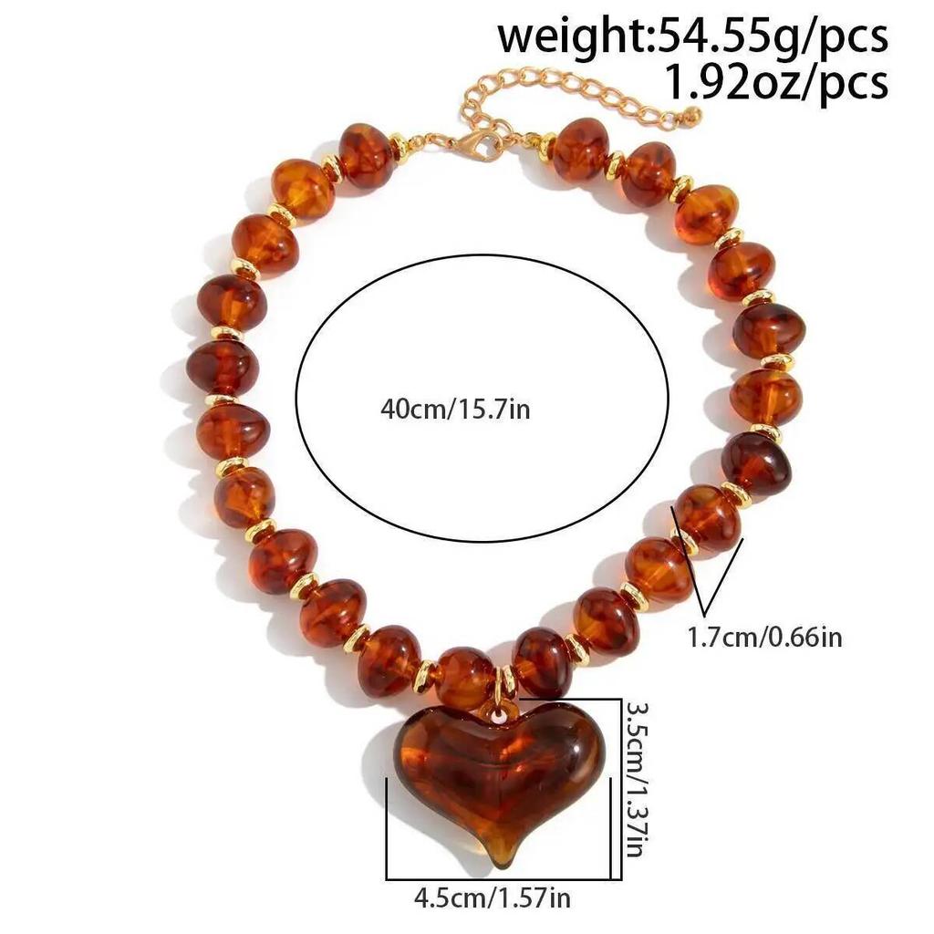 KunJoe Vintage Resin Big Love Heart Pendant Necklace for Women Bohemian Brown Acrylic Beaded Chain Choker Necklace Jewelry Gifts