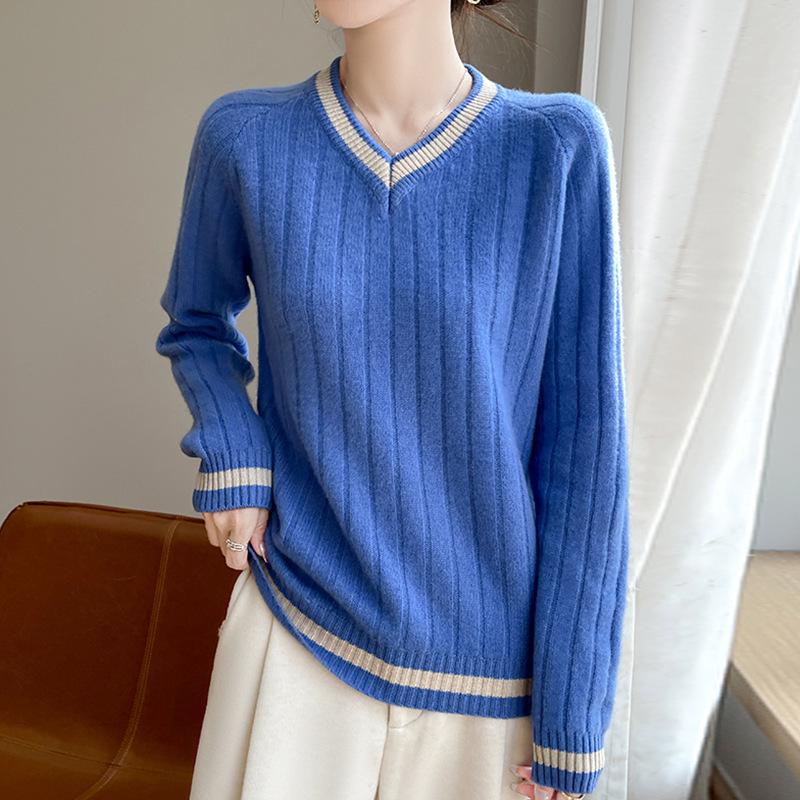Women's Color Block V-Neck Loose Wool Pullover - Chic & Trendy Cashmere Outerwear