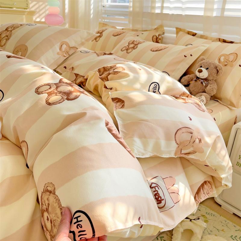 Cute Bear Bedding Set No Filler Ins Korean Style Khaki Brown Striped Comforter Covers Queen Size Kids Adult Soft Thick Bedding